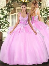 Pink Straps Neckline Beading Quince Ball Gowns Sleeveless Lace Up