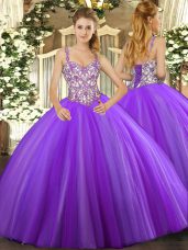Modern Ball Gowns Quince Ball Gowns Lavender Straps Tulle Sleeveless Floor Length Lace Up