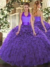 Dazzling Purple Organza Lace Up Halter Top Sleeveless Floor Length Quinceanera Gowns Ruffles