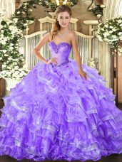 Lavender Sleeveless Floor Length Beading and Ruffled Layers Lace Up Sweet 16 Quinceanera Dress
