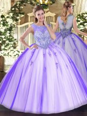 Amazing Sleeveless Floor Length Beading and Appliques Zipper Sweet 16 Dress with Lavender