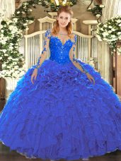Custom Fit Long Sleeves Organza Floor Length Lace Up Ball Gown Prom Dress in Blue with Lace and Ruffles