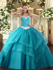 Teal Lace Up Sweetheart Appliques and Ruffled Layers Quinceanera Gowns Tulle Sleeveless