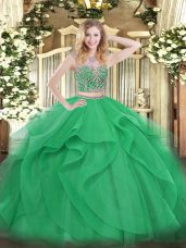 Glamorous Green Two Pieces Scoop Sleeveless Tulle Floor Length Lace Up Beading and Ruffles Quinceanera Gown