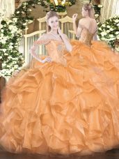 Orange Organza Lace Up Off The Shoulder Sleeveless Floor Length Sweet 16 Dresses Beading and Ruffles