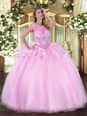 Customized Pink Zipper Scoop Beading 15 Quinceanera Dress Organza Sleeveless