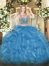 Baby Blue Two Pieces Scoop Sleeveless Organza Floor Length Lace Up Beading and Ruffles Quinceanera Gowns