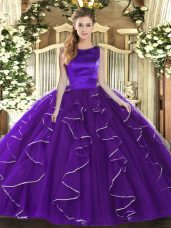 Pretty Floor Length Purple Vestidos de Quinceanera Tulle Sleeveless Ruffles