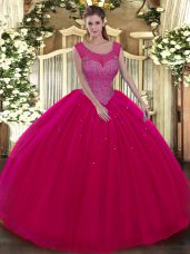 Designer Hot Pink Backless Quinceanera Gown Beading Sleeveless Floor Length