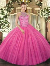 Halter Top Sleeveless Lace Up Quinceanera Gowns Hot Pink Tulle