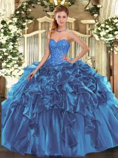 Sleeveless Floor Length Beading and Ruffles Lace Up Quinceanera Dress with Blue