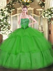 Trendy Sleeveless Tulle Floor Length Lace Up 15th Birthday Dress in Green with Beading and Ruffled Layers