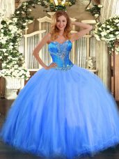 Tulle Sweetheart Sleeveless Lace Up Beading Sweet 16 Dress in Blue