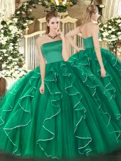 Beauteous Dark Green Tulle Zipper Strapless Sleeveless Floor Length Ball Gown Prom Dress Ruffles