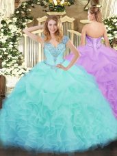 Aqua Blue Ball Gowns Organza V-neck Sleeveless Ruffles Floor Length Lace Up Quinceanera Dress