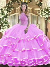 Stylish Lilac Ball Gowns High-neck Sleeveless Organza Floor Length Lace Up Beading and Ruffled Layers Sweet 16 Dresses