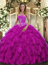 Discount Fuchsia Lace Up Strapless Beading and Ruffles 15 Quinceanera Dress Organza Sleeveless