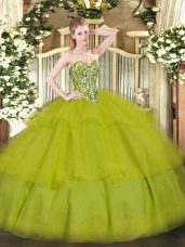 Exceptional Olive Green Sleeveless Beading and Ruffled Layers Floor Length 15 Quinceanera Dress