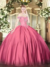 Free and Easy Hot Pink Lace Up Off The Shoulder Beading Ball Gown Prom Dress Satin Sleeveless
