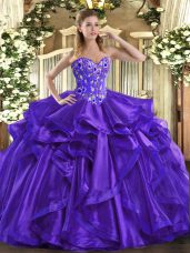 Organza Sweetheart Sleeveless Lace Up Embroidery and Ruffles Quinceanera Dresses in Purple