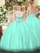 Sleeveless Satin Floor Length Lace Up Quinceanera Gowns in Apple Green with Beading