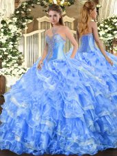 Custom Design Baby Blue Organza Lace Up Sweetheart Sleeveless Floor Length Quince Ball Gowns Beading and Ruffled Layers