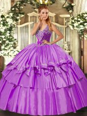 Sleeveless Floor Length Beading and Ruffled Layers Lace Up Quince Ball Gowns with Lilac