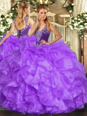 Floor Length Lavender Quinceanera Gowns Organza Sleeveless Beading and Ruffles