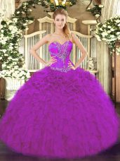 Fancy Fuchsia Sweet 16 Dress Sweet 16 and Quinceanera with Beading and Ruffles Sweetheart Sleeveless Lace Up