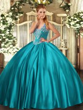 Floor Length Teal 15 Quinceanera Dress Straps Sleeveless Lace Up