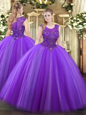 Eggplant Purple Quinceanera Gowns Military Ball and Sweet 16 and Quinceanera with Beading Scoop Sleeveless Zipper