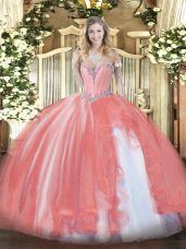 Best Selling Coral Red Sweetheart Neckline Beading and Ruffles Ball Gown Prom Dress Sleeveless Lace Up
