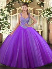 Comfortable Ball Gowns Quinceanera Gown Purple V-neck Tulle Sleeveless Floor Length Lace Up