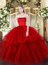 Flirting Wine Red Sleeveless Tulle Brush Train Zipper Sweet 16 Dress for Military Ball and Sweet 16 and Quinceanera