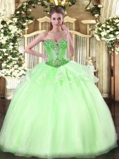 Amazing Sleeveless Floor Length Beading Lace Up Sweet 16 Dress with Apple Green