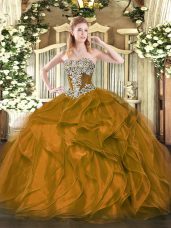 Brown Sleeveless Organza Lace Up Quinceanera Gowns for Military Ball and Sweet 16 and Quinceanera