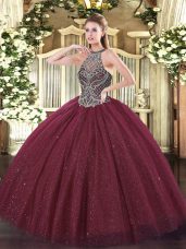 Burgundy Lace Up Ball Gown Prom Dress Beading Sleeveless Floor Length