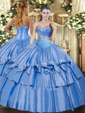 Custom Designed Baby Blue Organza and Taffeta Lace Up 15 Quinceanera Dress Sleeveless Floor Length Beading and Ruffles