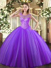 Fitting Scoop Sleeveless Lace Up Vestidos de Quinceanera Lavender Tulle