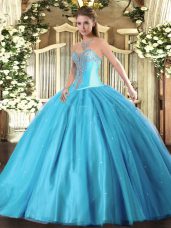 Enchanting Floor Length Aqua Blue Quince Ball Gowns Sweetheart Sleeveless Lace Up