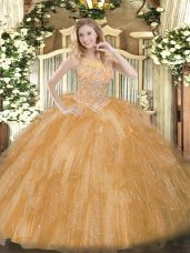 On Sale Scoop Sleeveless Sweet 16 Quinceanera Dress Floor Length Beading and Ruffles Gold Tulle