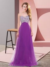 Purple Lace Up Prom Gown Beading Sleeveless Floor Length