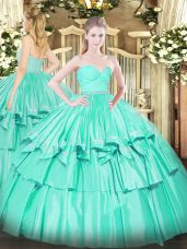 Sweetheart Sleeveless 15th Birthday Dress Floor Length Beading and Lace and Ruffled Layers Turquoise Organza