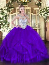 Great Purple Sleeveless Beading and Ruffles Floor Length Sweet 16 Dresses