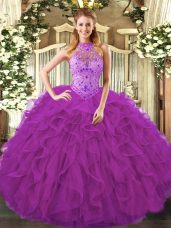 Eye-catching Purple Lace Up Halter Top Beading and Ruffles Sweet 16 Dress Organza Sleeveless