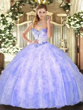 Custom Designed Lavender Organza Lace Up Sweetheart Sleeveless Floor Length Ball Gown Prom Dress Beading and Ruffles