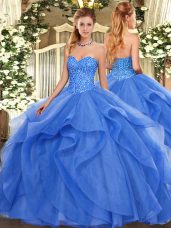 Elegant Ball Gowns Sweet 16 Dresses Blue Sweetheart Tulle Sleeveless Floor Length Lace Up