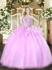 Lilac Ball Gowns Sweetheart Sleeveless Organza Floor Length Lace Up Beading Quince Ball Gowns