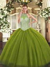 Stunning Halter Top Sleeveless Lace Up Quinceanera Dress Olive Green Tulle