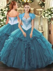 Lovely Teal Sleeveless Floor Length Beading and Ruffles Lace Up Quince Ball Gowns